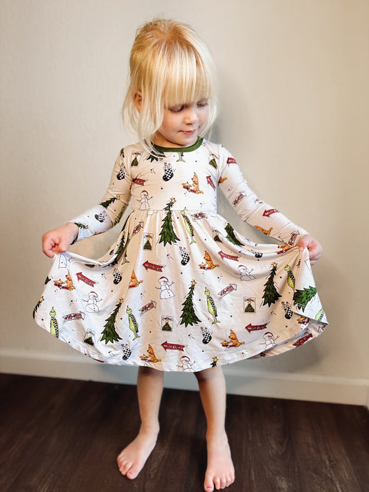 "Holiday-Hooby-Whaty" Long Sleeve Skater Dress