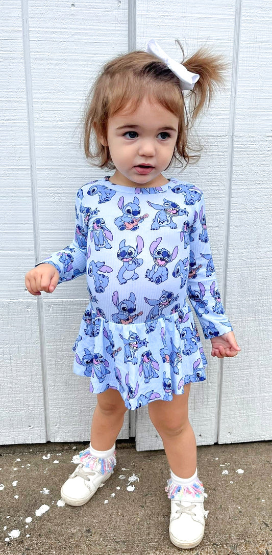 Blue Mischief (Ribbed): Long Sleeve Bodysuit Twirl Dress